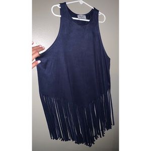 Women’s Suede Fringe Party Top, Navy Blue